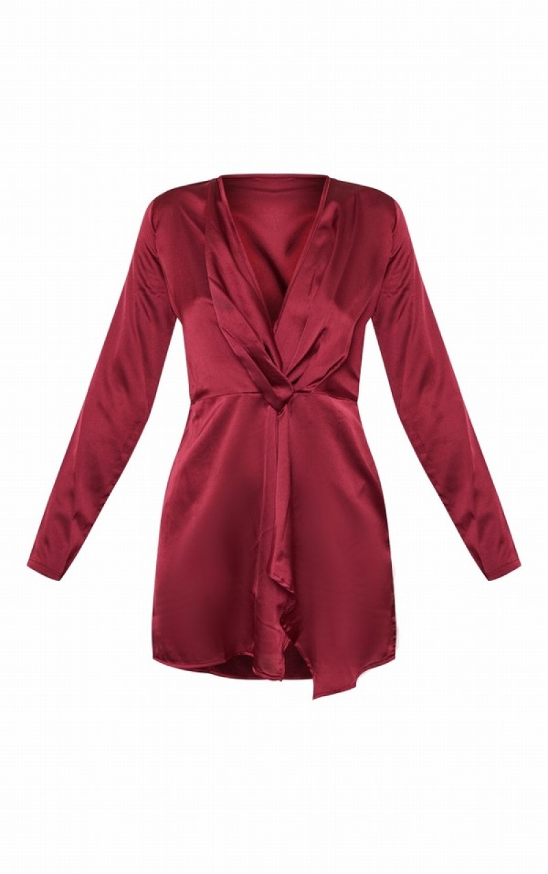 Burgundy Pretty Little Thing Burgundy Satin Long Sleeve Wrap Dresses | WETYLNU-96