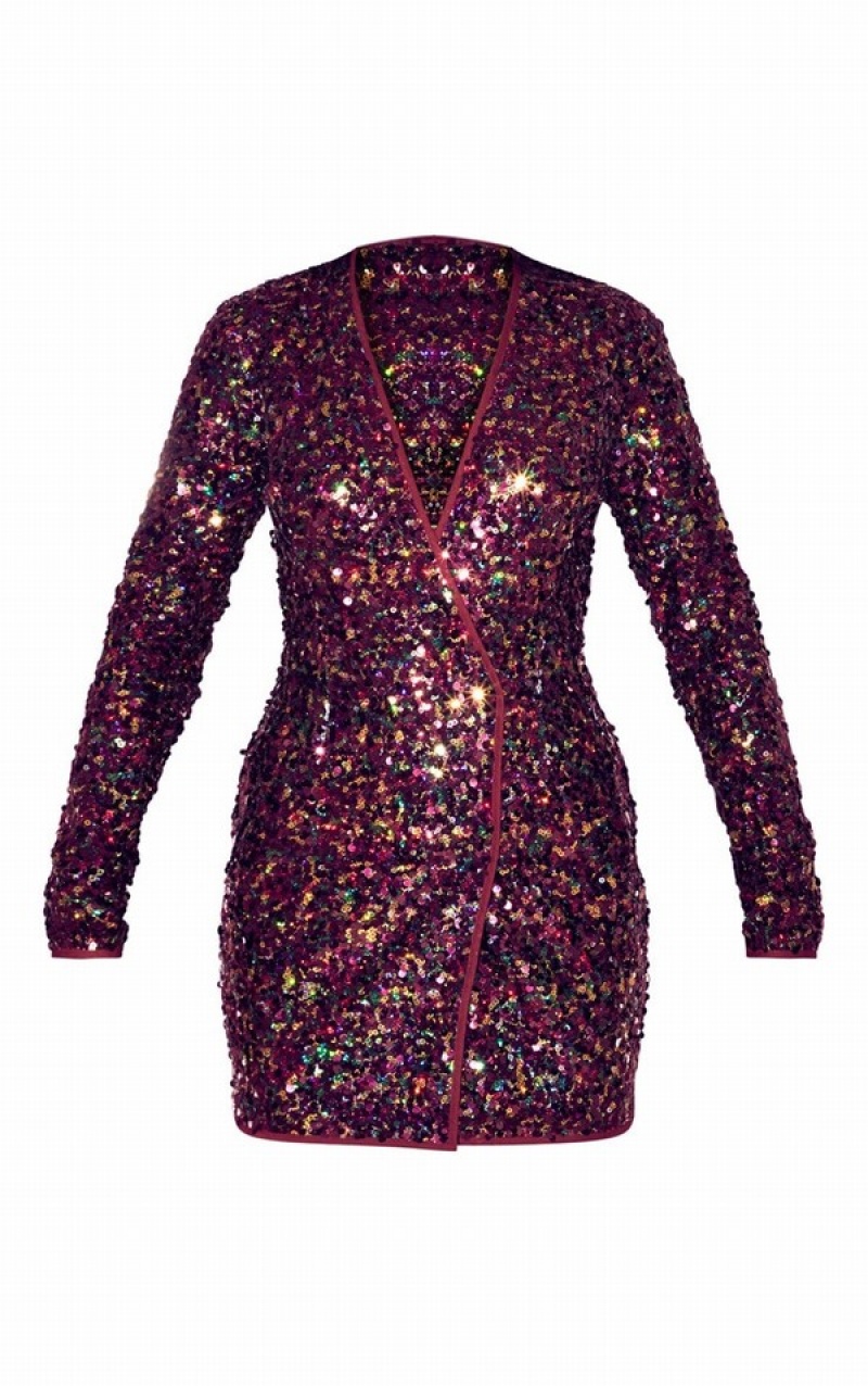 Burgundy Pretty Little Thing Burgundy Sequin Long Sleeve Dresses | RNDPOFH-80