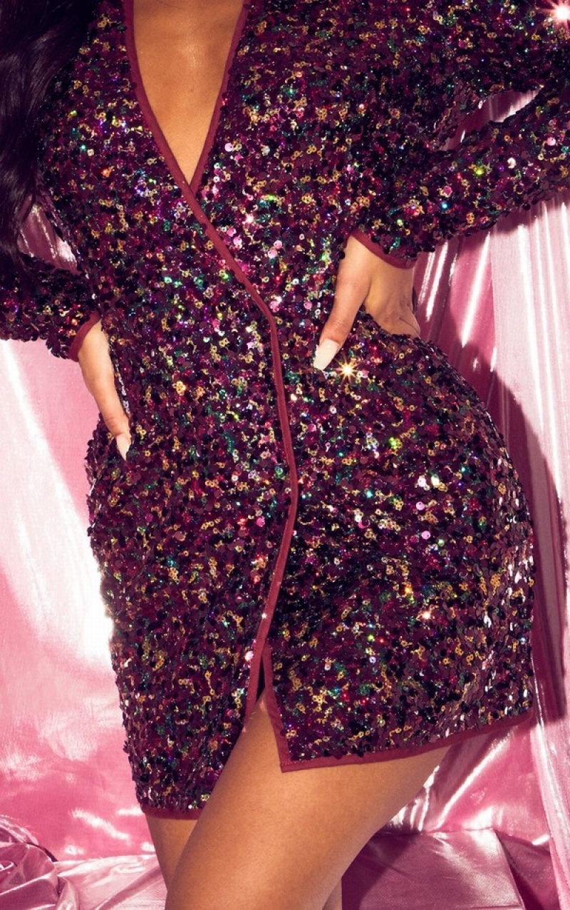 Burgundy Pretty Little Thing Burgundy Sequin Long Sleeve Dresses | RNDPOFH-80