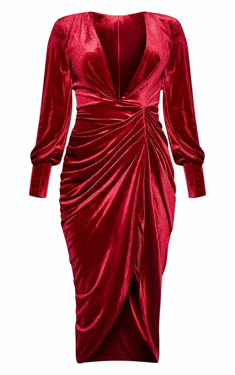 Burgundy Pretty Little Thing Burgundy Velvet Long Sleeve Plunge Draped Dresses | RHGTIWK-24