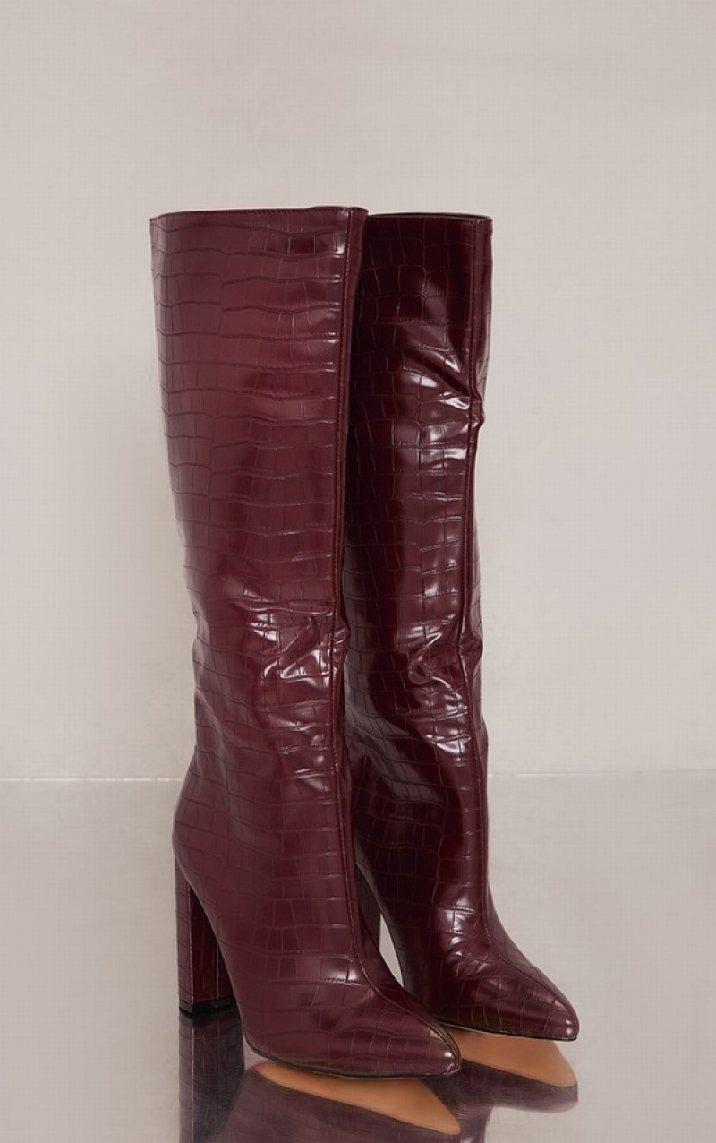 Burgundy Pretty Little Thing Burgundy Wide Fit Croc Pu Knee High Point Block Heels | YECVMIJ-54