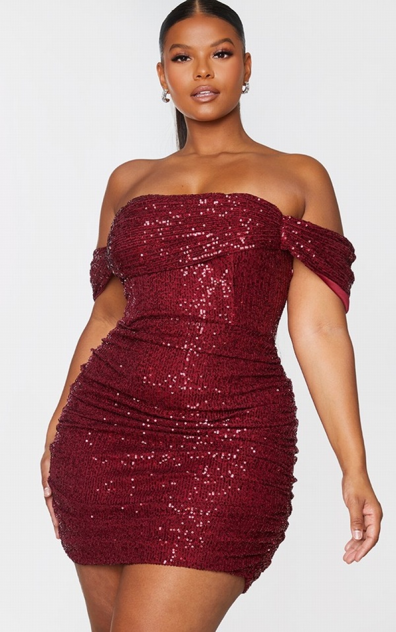 Burgundy Pretty Little Thing Plus Burgundy Sequin Bardot Bodycon Dresses | FHPQSED-84