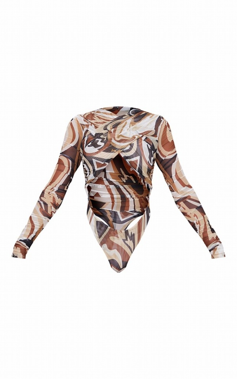 Chocolate Pretty Little Thing Abstract Print Mesh Ruched Cross Over Bodysuits | XCDUKHZ-51