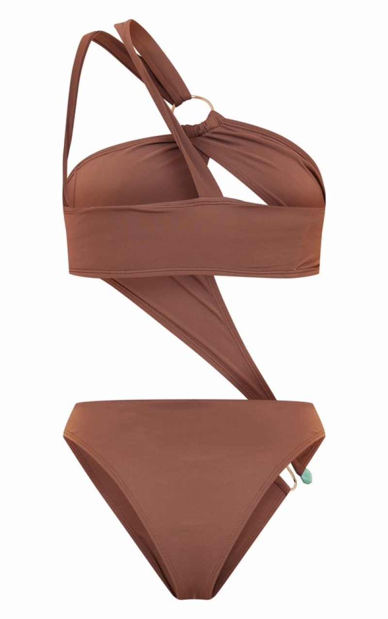 Chocolate Pretty Little Thing Asymmetric Cut Out Trim Swimsuits | KHMSPAW-64