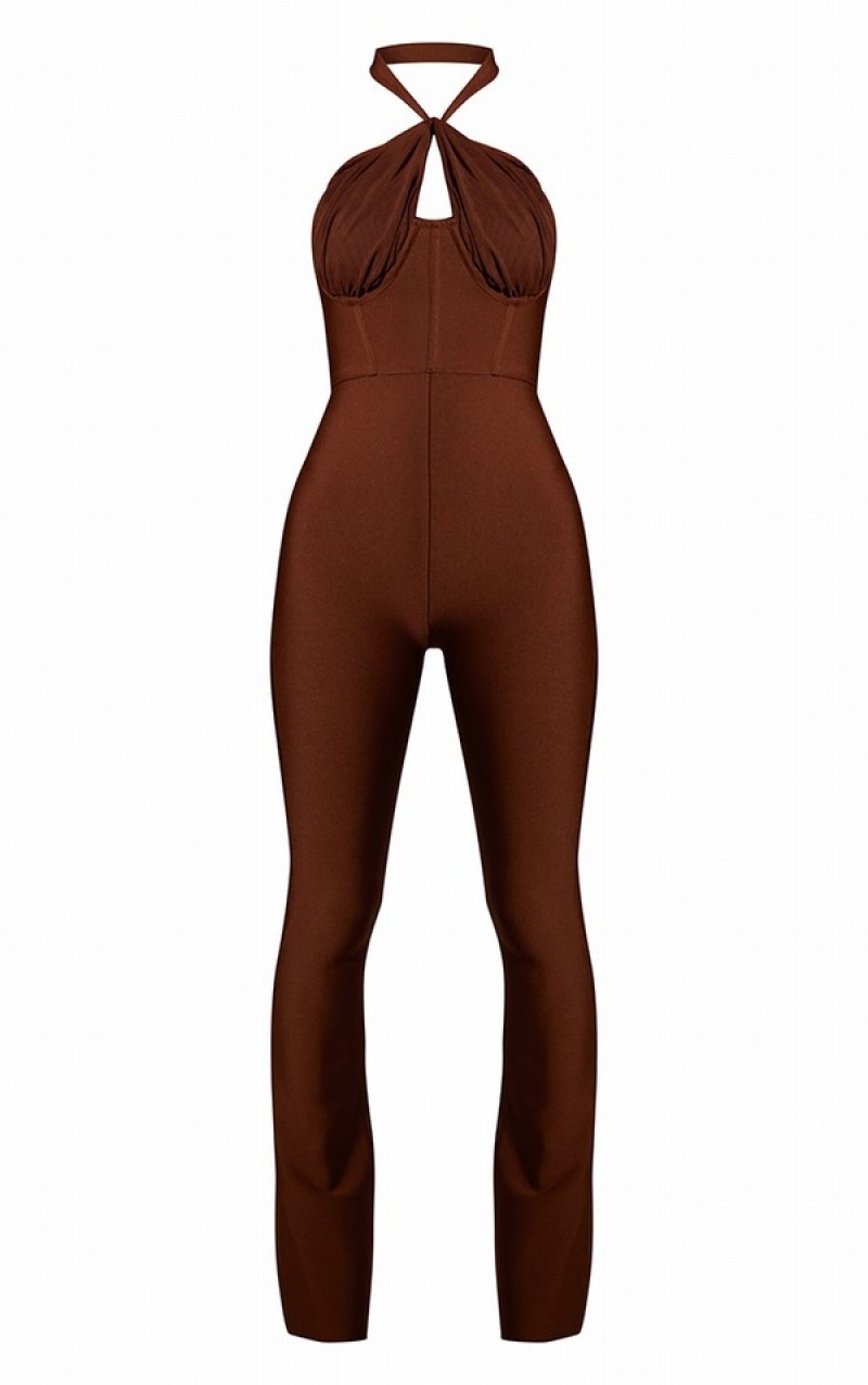 Chocolate Pretty Little Thing Bandage Mesh Halterneck Jumpsuits | ERUYPQV-59