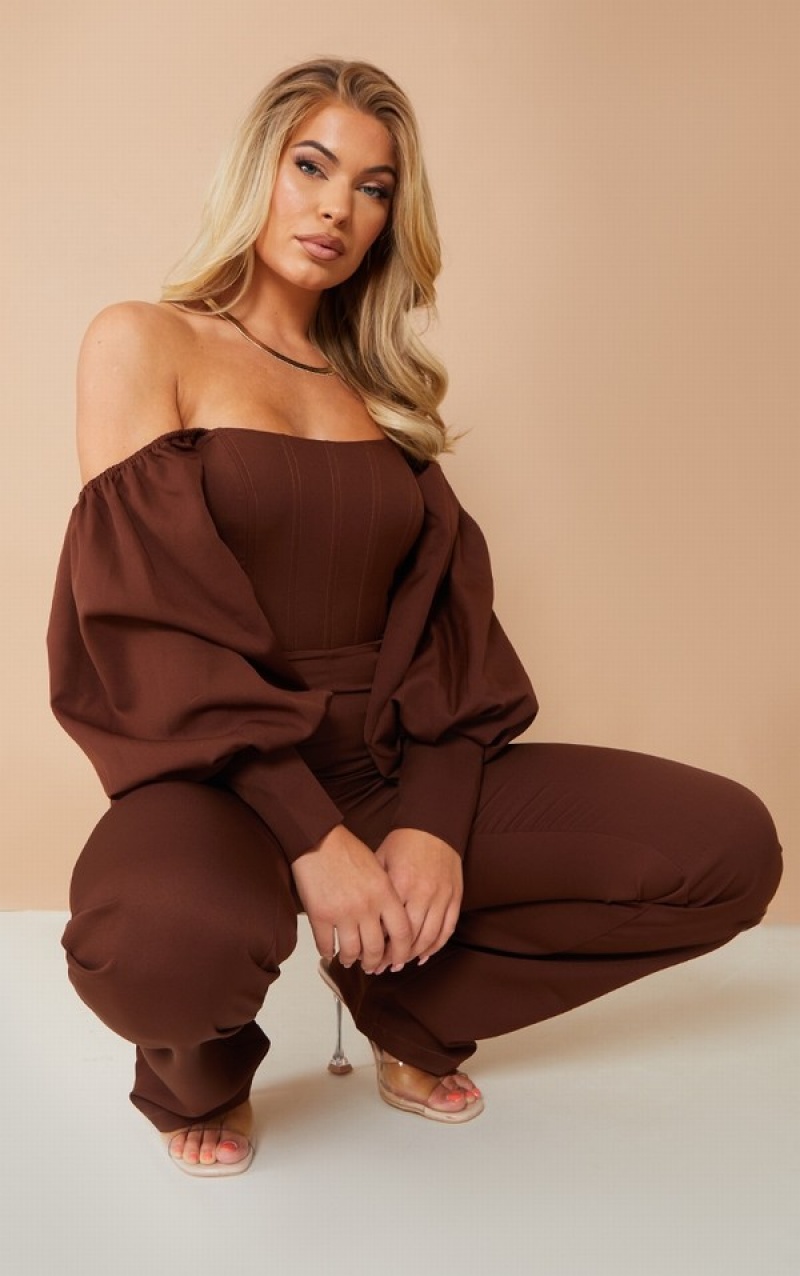 Chocolate Pretty Little Thing Bardot Balloon Sleeve Corset Jumpsuits | WHGLTUK-97