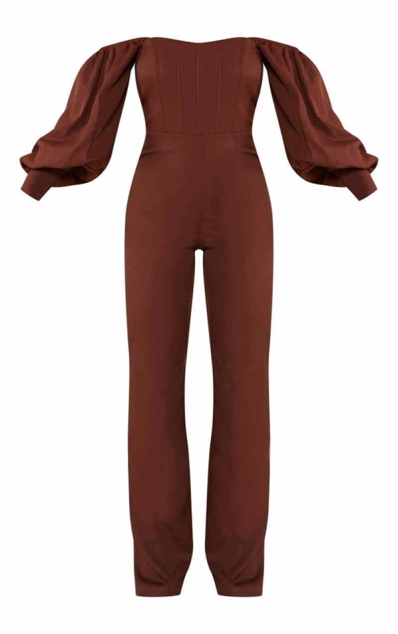 Chocolate Pretty Little Thing Bardot Balloon Sleeve Corset Jumpsuits | WHGLTUK-97