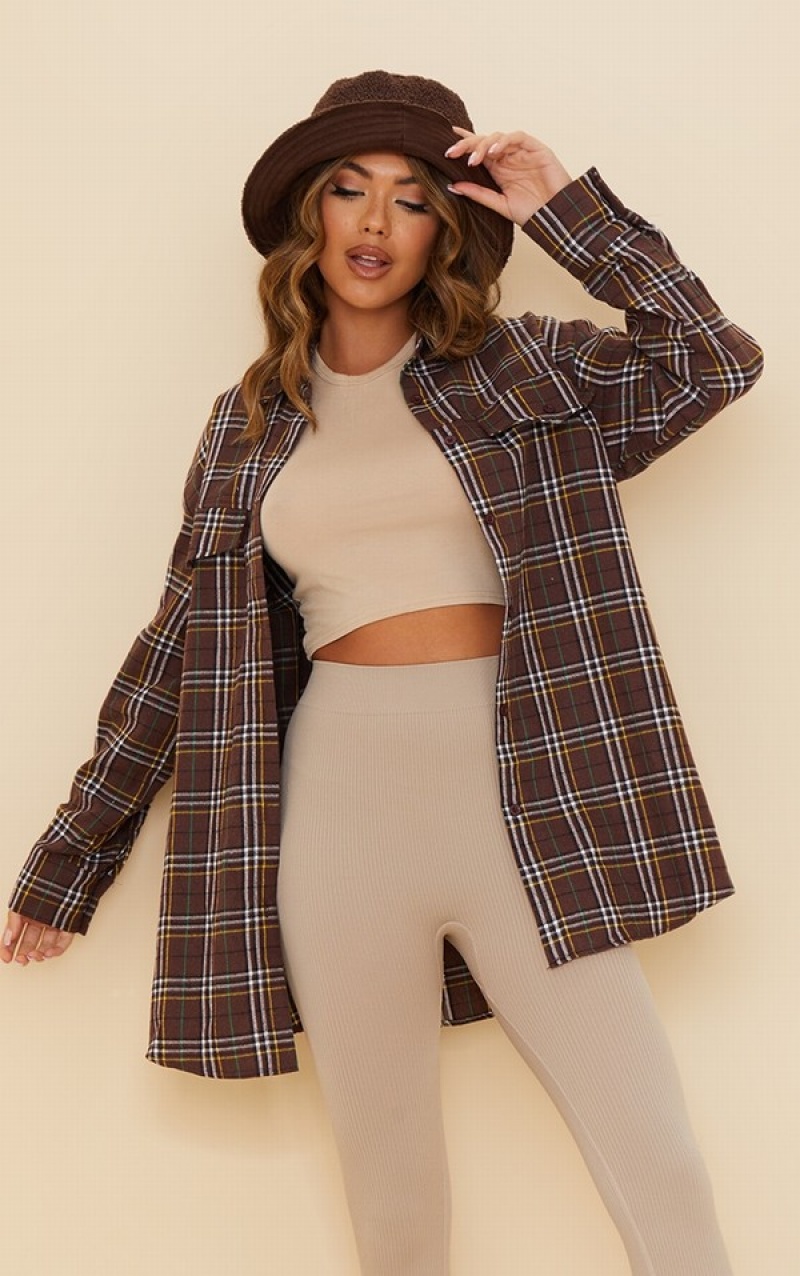 Chocolate Pretty Little Thing Checked Pocket Detail Oversized Long Sleeve Shirts | JCAVZXP-81