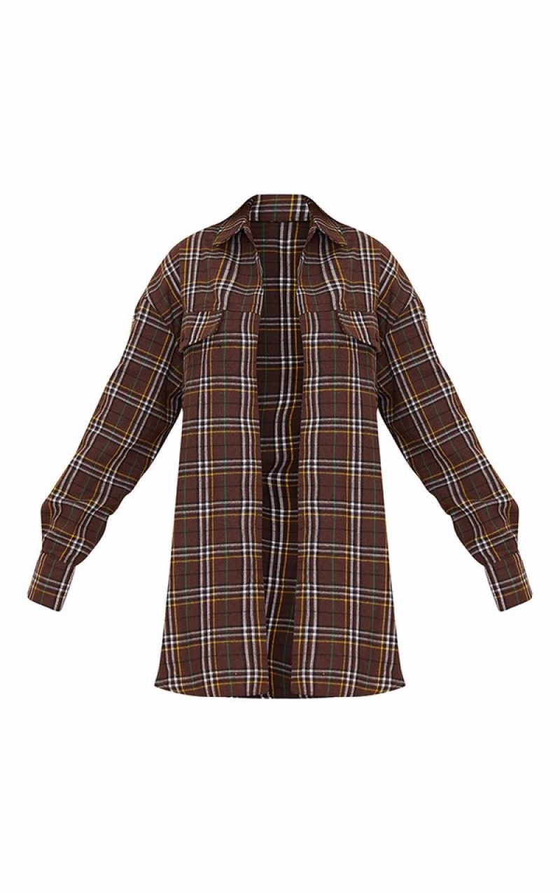 Chocolate Pretty Little Thing Checked Pocket Detail Oversized Long Sleeve Shirts | JCAVZXP-81