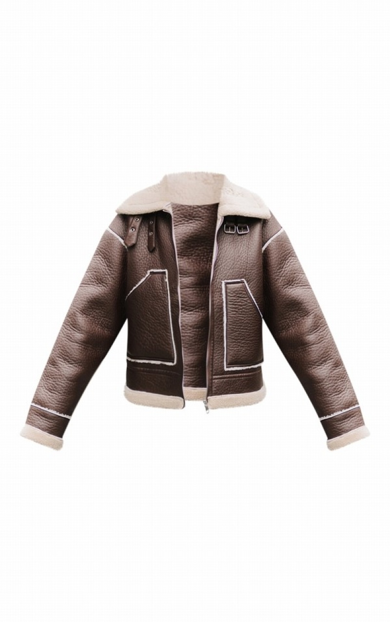 Chocolate Pretty Little Thing Contrast Borg Lined Faux Leather Pocket Front Aviator Jackets | OJPHGNM-98