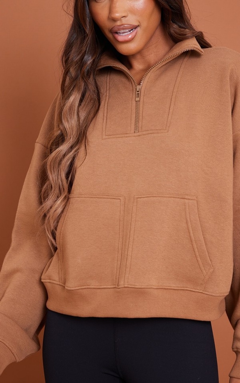 Chocolate Pretty Little Thing Double Pocket Half Zip Seam Detail Sweatshirts | CSGQNTB-51