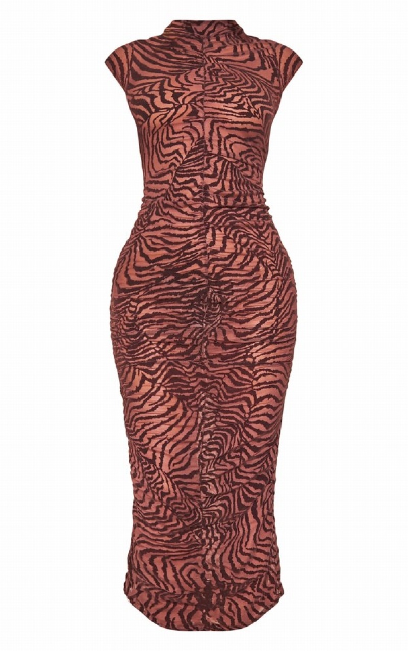 Chocolate Pretty Little Thing Flocked Mesh High Neck Ruched Maxi Dresses | YHVFRBA-47