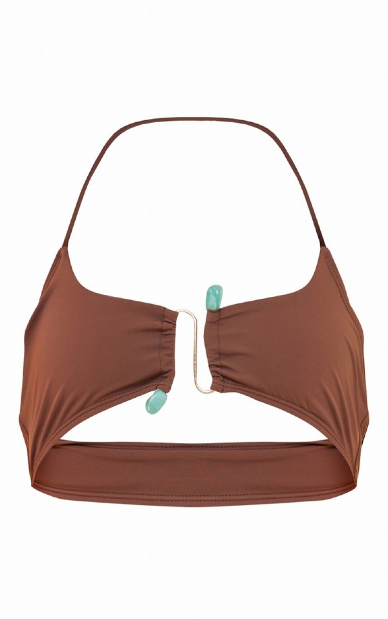 Chocolate Pretty Little Thing Halterneck Trim Bikini Tops | FVADCLU-04