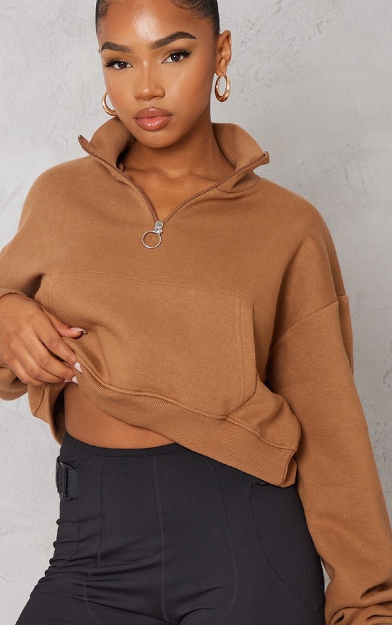 Chocolate Pretty Little Thing High Neck Half Zip Crop Sweatshirts | NSPZUVL-75