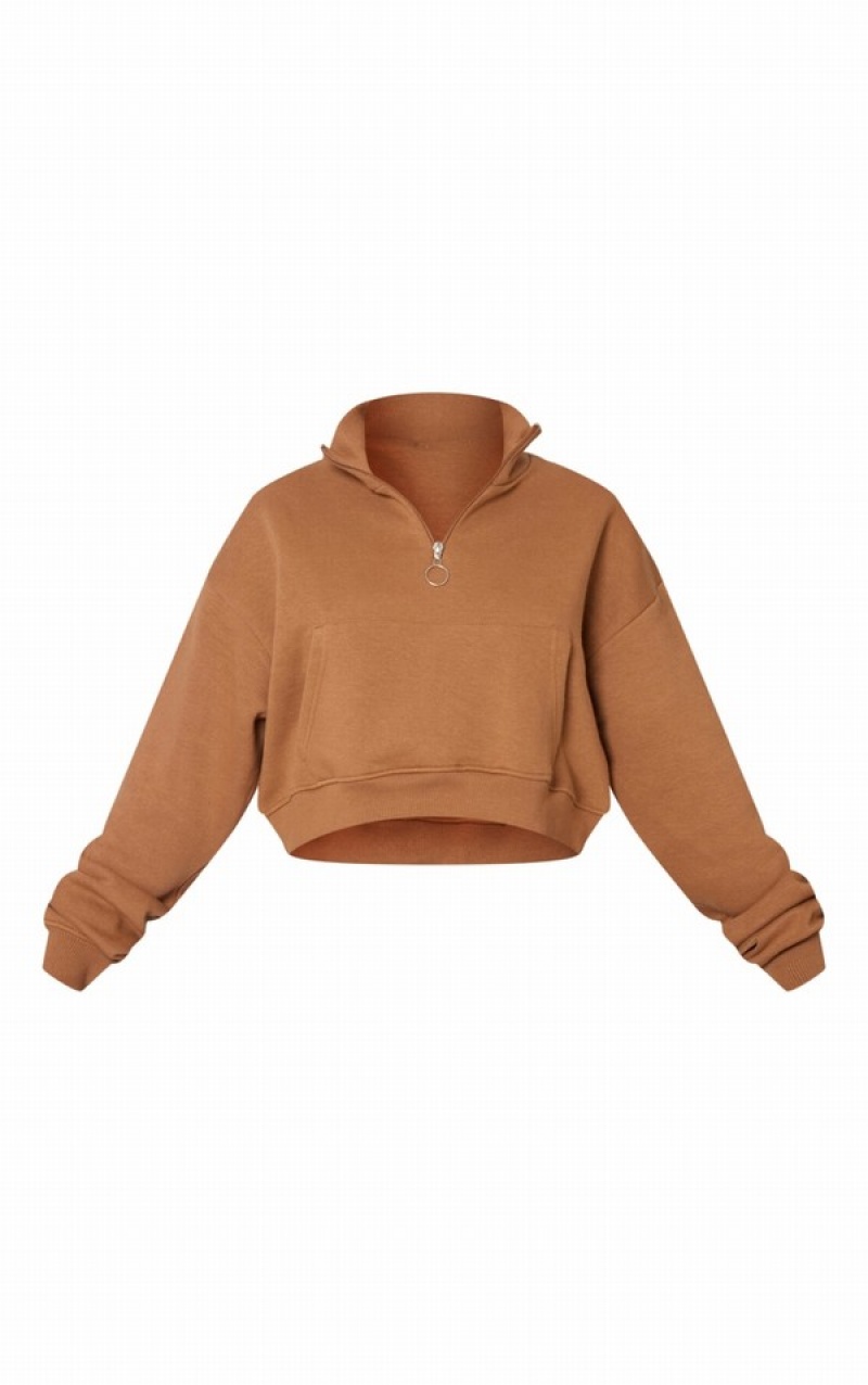 Chocolate Pretty Little Thing High Neck Half Zip Crop Sweatshirts | NSPZUVL-75