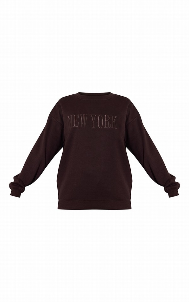 Chocolate Pretty Little Thing New York Graphic Embroidered Sweatshirts | ZHEYWGC-67