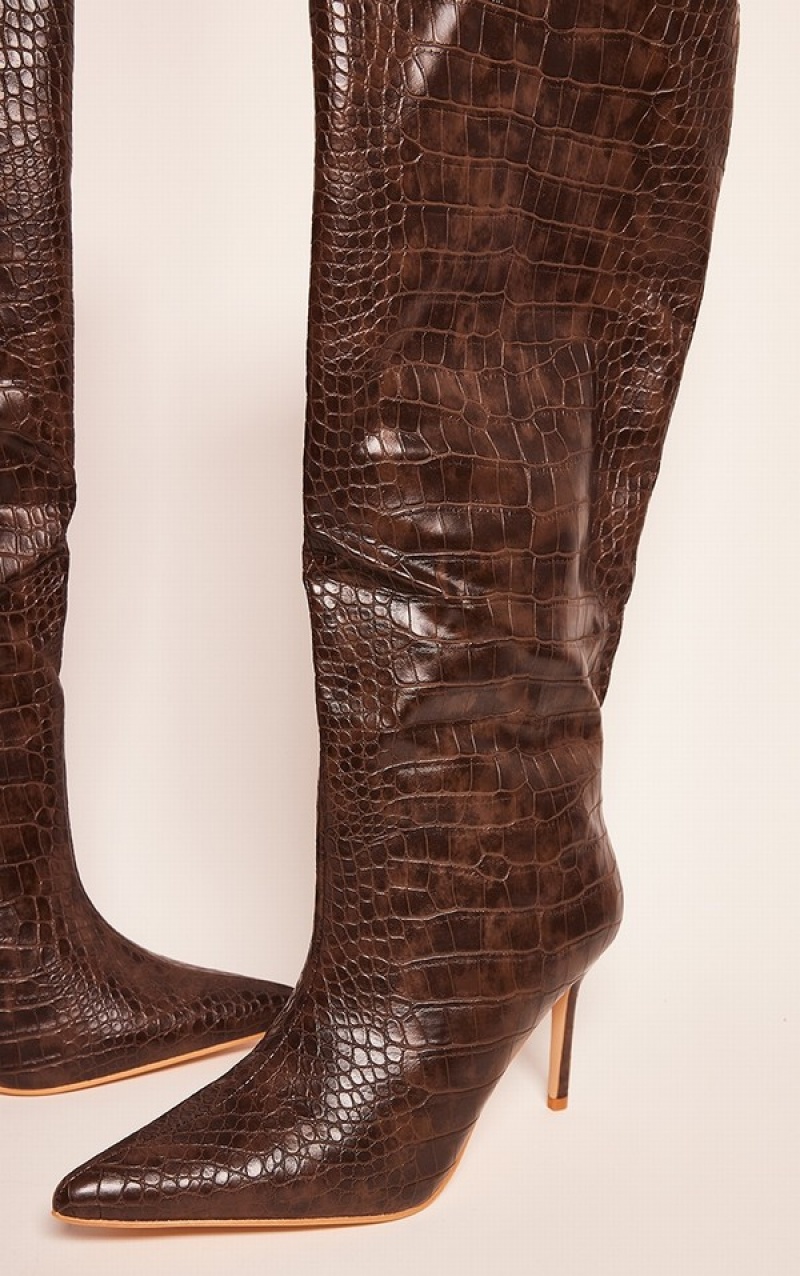 Chocolate Pretty Little Thing PU Croc Detail Point Toe Stilettoed Knee Boots | GRNOXIP-70