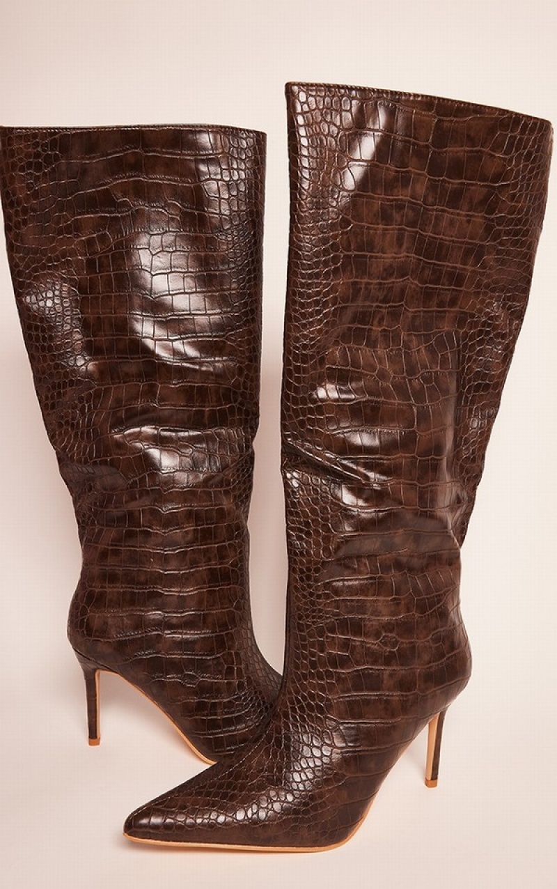 Chocolate Pretty Little Thing PU Croc Detail Point Toe Stilettoed Knee Boots | GRNOXIP-70