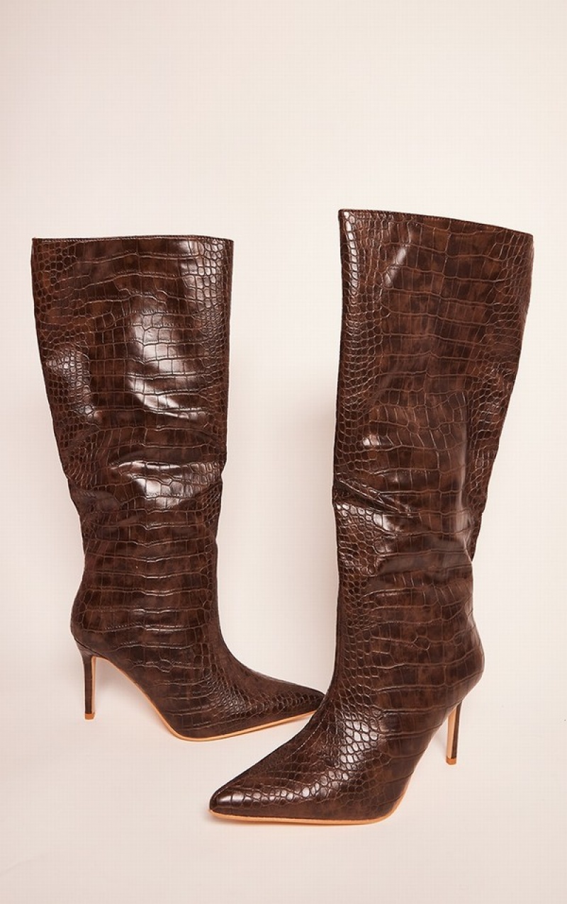 Chocolate Pretty Little Thing PU Croc Detail Point Toe Stilettoed Knee Boots | GRNOXIP-70