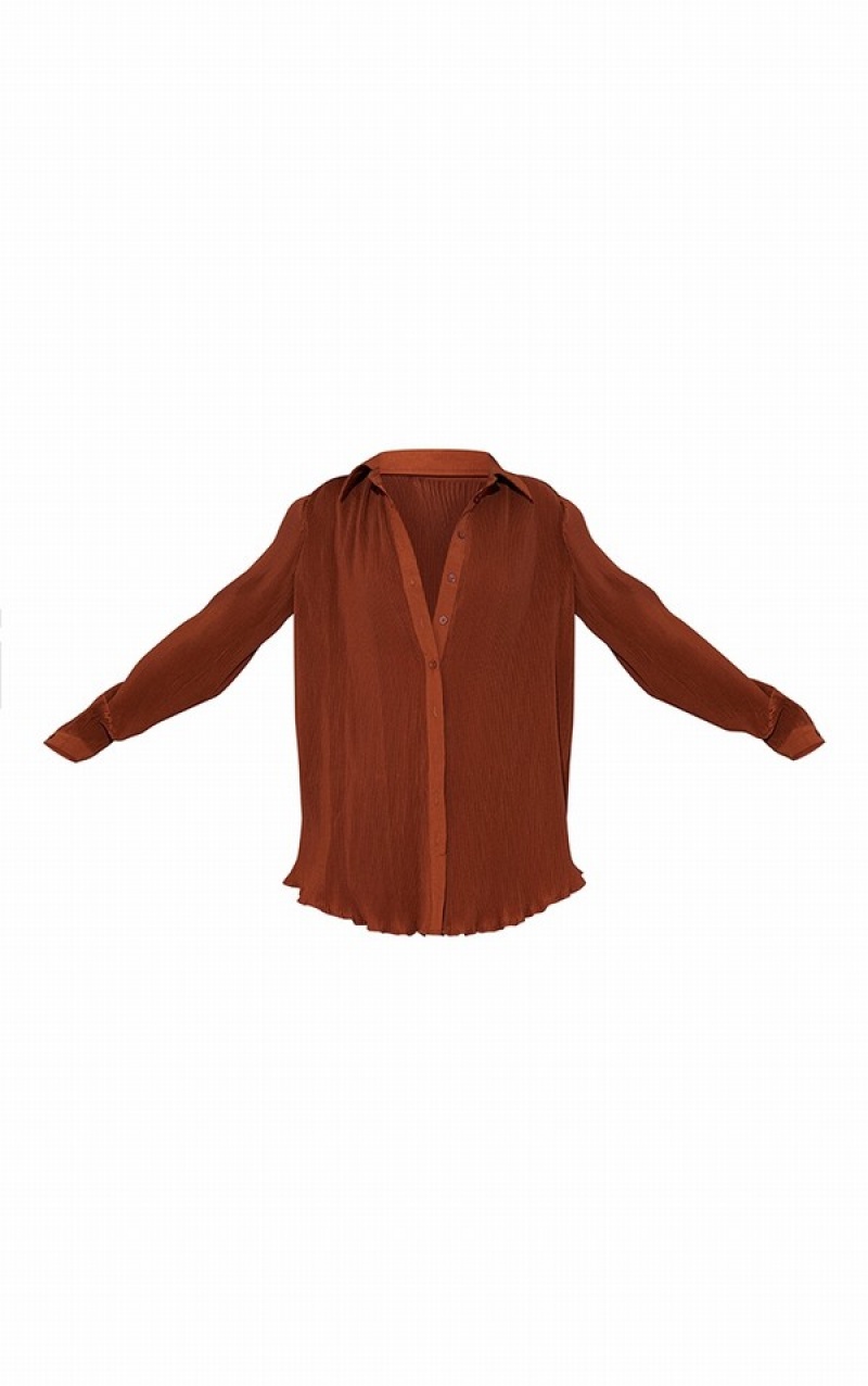 Chocolate Pretty Little Thing Petite Plisse Oversized Cuff Detail Shirts | AOPNRWG-38