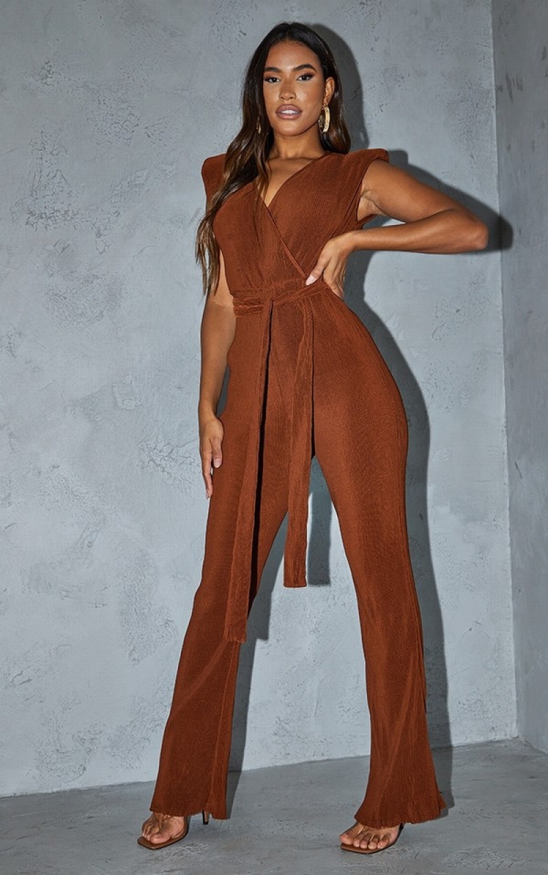 Chocolate Pretty Little Thing Pleated Shoulder Pad FlaLeg Jumpsuits | GZKFAPX-92