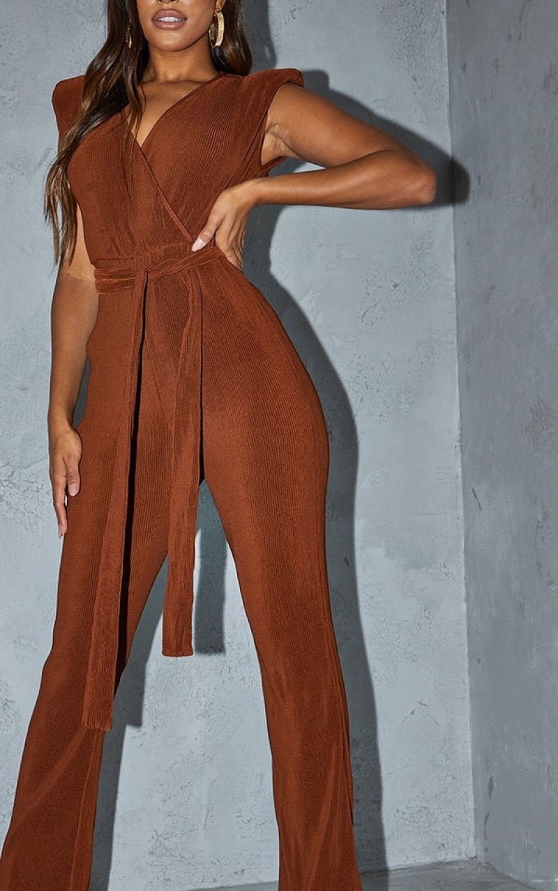 Chocolate Pretty Little Thing Pleated Shoulder Pad FlaLeg Jumpsuits | GZKFAPX-92