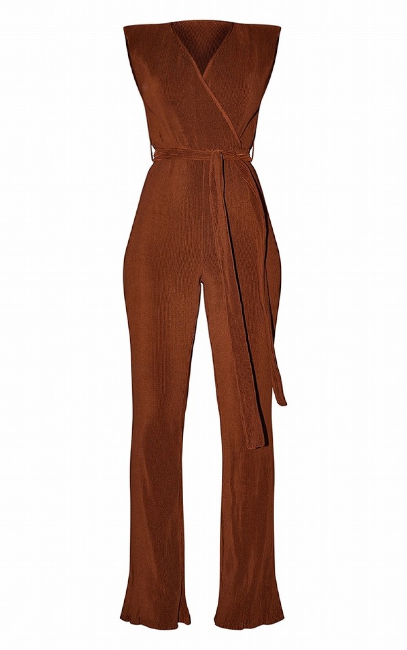 Chocolate Pretty Little Thing Pleated Shoulder Pad FlaLeg Jumpsuits | GZKFAPX-92