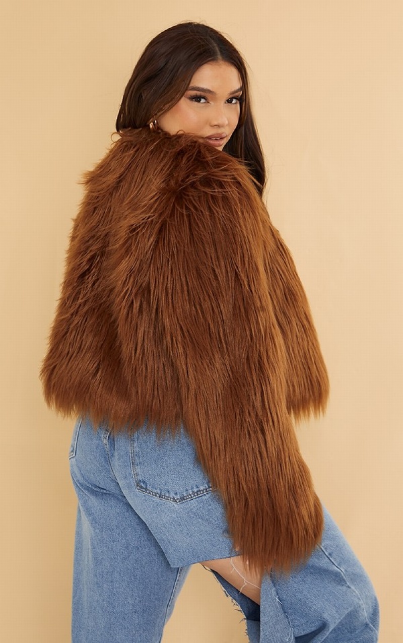 Chocolate Pretty Little Thing Plus Faux Fur Shaggy Cropped Jackets | SRBTWIC-27