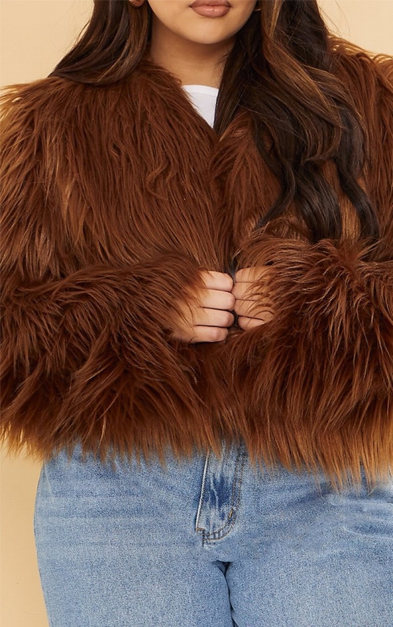 Chocolate Pretty Little Thing Plus Faux Fur Shaggy Cropped Jackets | SRBTWIC-27