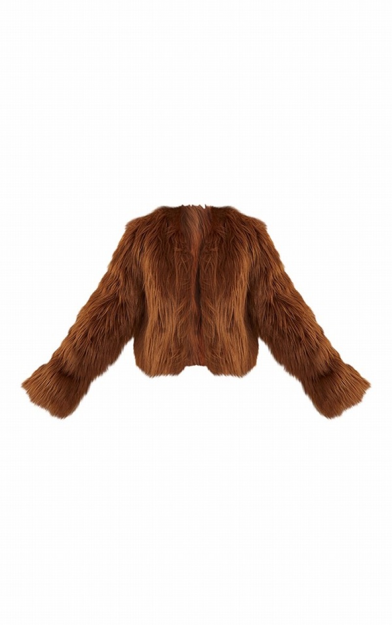 Chocolate Pretty Little Thing Plus Faux Fur Shaggy Cropped Jackets | SRBTWIC-27