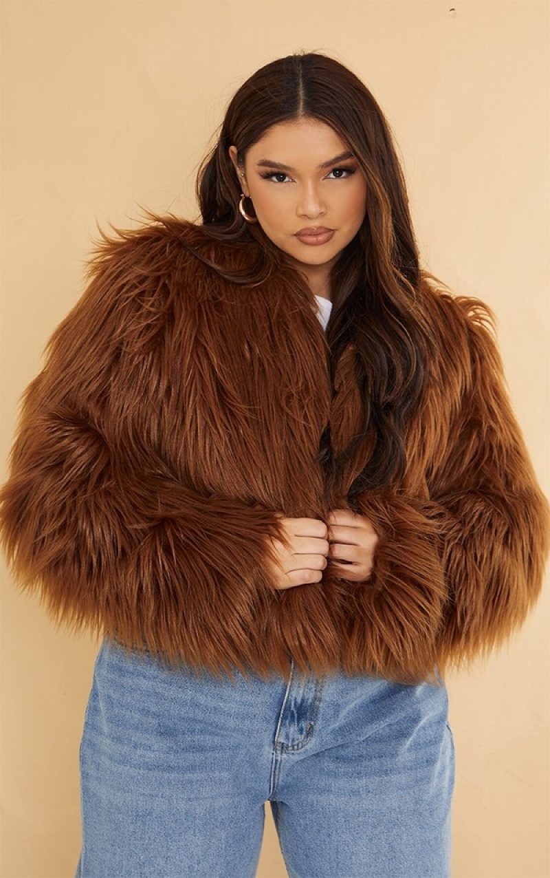 Chocolate Pretty Little Thing Plus Faux Fur Shaggy Cropped Jackets | SRBTWIC-27