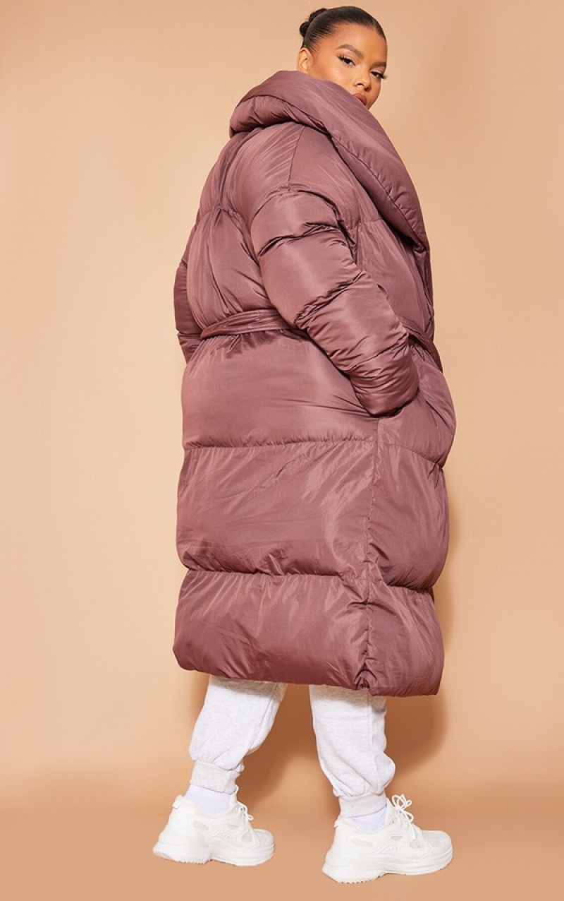 Chocolate Pretty Little Thing Plus Oversized Collar ed Longline Puffer Coats | BJNIVFZ-89