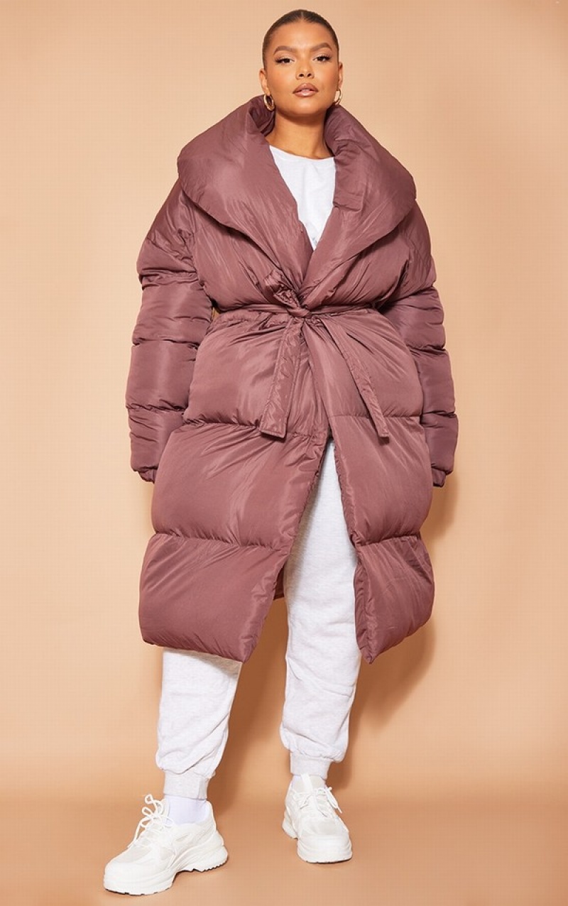 Chocolate Pretty Little Thing Plus Oversized Collar ed Longline Puffer Coats | BJNIVFZ-89