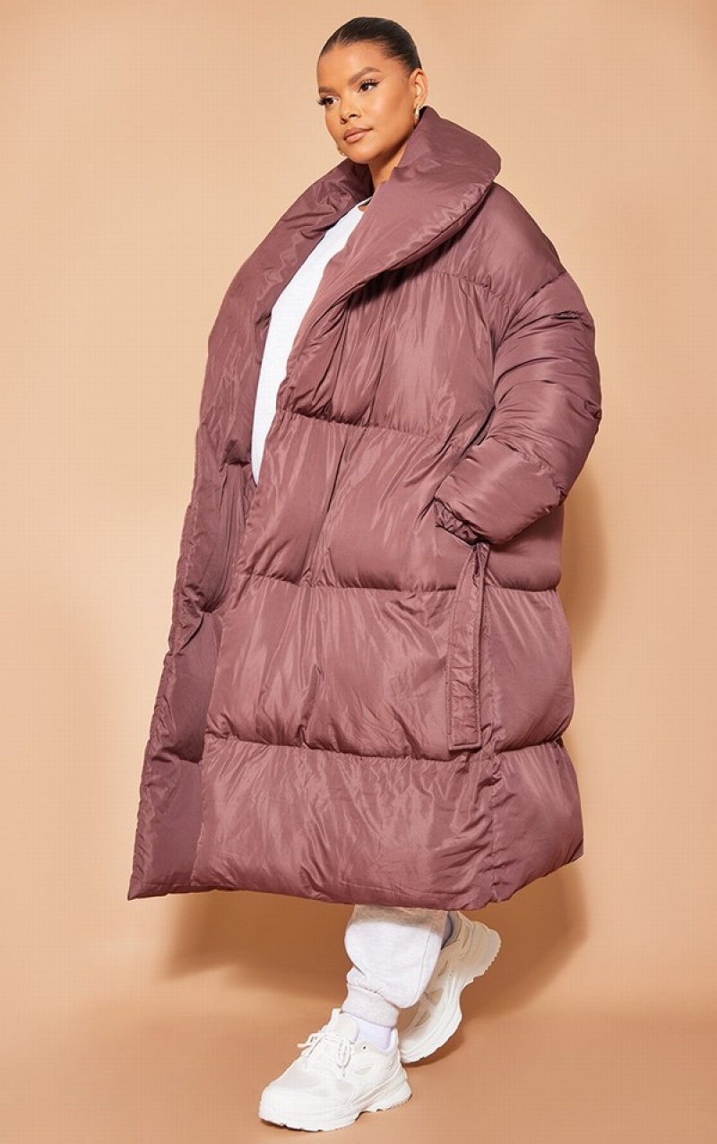 Chocolate Pretty Little Thing Plus Oversized Collar ed Longline Puffer Coats | BJNIVFZ-89