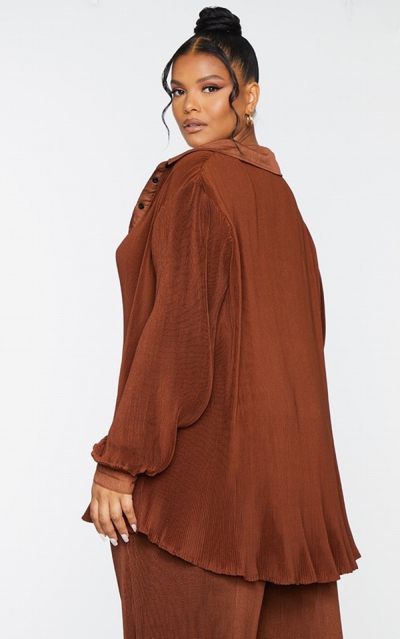 Chocolate Pretty Little Thing Plus Plisse Button Front Oversized Shirts | TNKFZBH-94