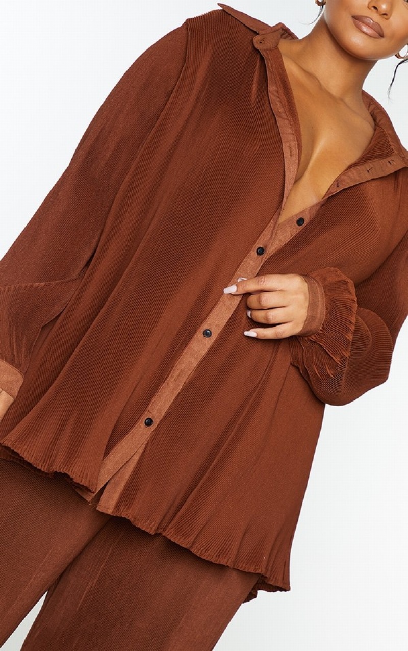 Chocolate Pretty Little Thing Plus Plisse Button Front Oversized Shirts | TNKFZBH-94