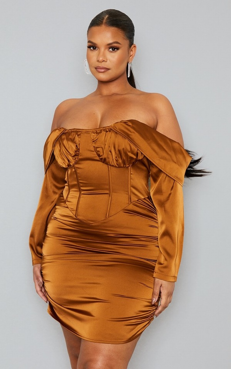 Chocolate Pretty Little Thing Plus Satin Drape Bardot Sleeve Ruched Back Bodycon Dresses | CNSVXJU-79