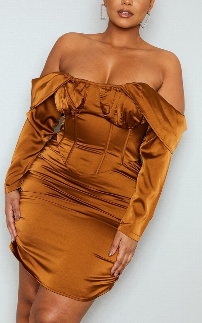 Chocolate Pretty Little Thing Plus Satin Drape Bardot Sleeve Ruched Back Bodycon Dresses | CNSVXJU-79