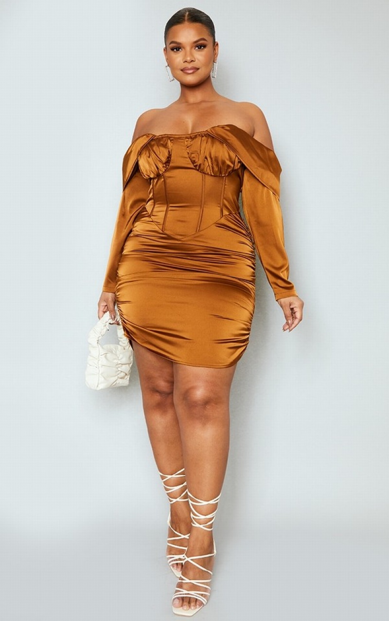 Chocolate Pretty Little Thing Plus Satin Drape Bardot Sleeve Ruched Back Bodycon Dresses | CNSVXJU-79