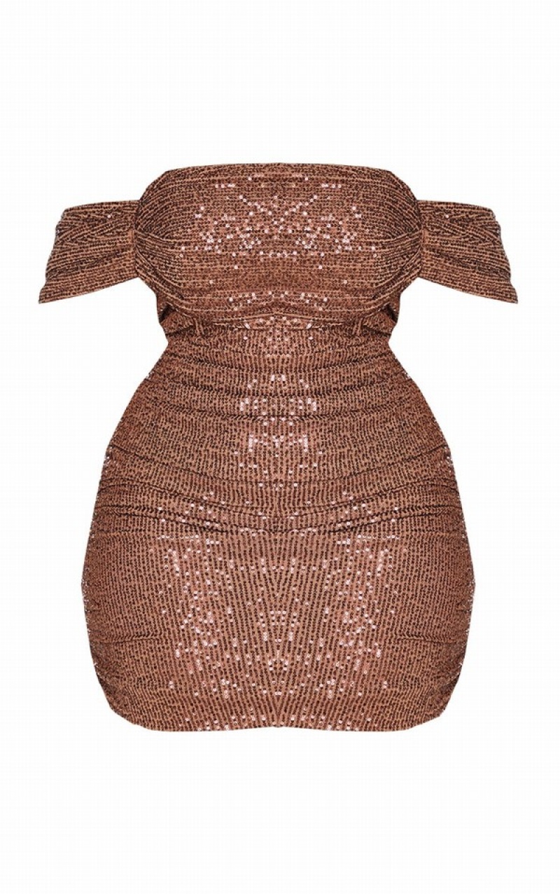 Chocolate Pretty Little Thing Plus Sequin Bardot Bodycon Dresses | RTCMVXI-62