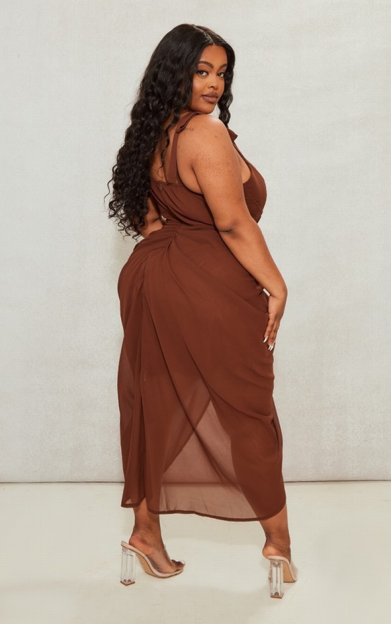 Chocolate Pretty Little Thing Plus Underwire Detail Draped Dresses | UYZHPKJ-97