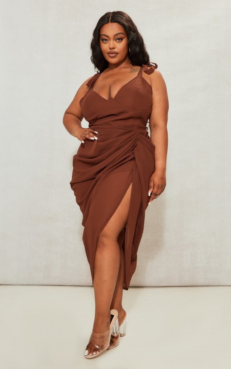 Chocolate Pretty Little Thing Plus Underwire Detail Draped Dresses | UYZHPKJ-97