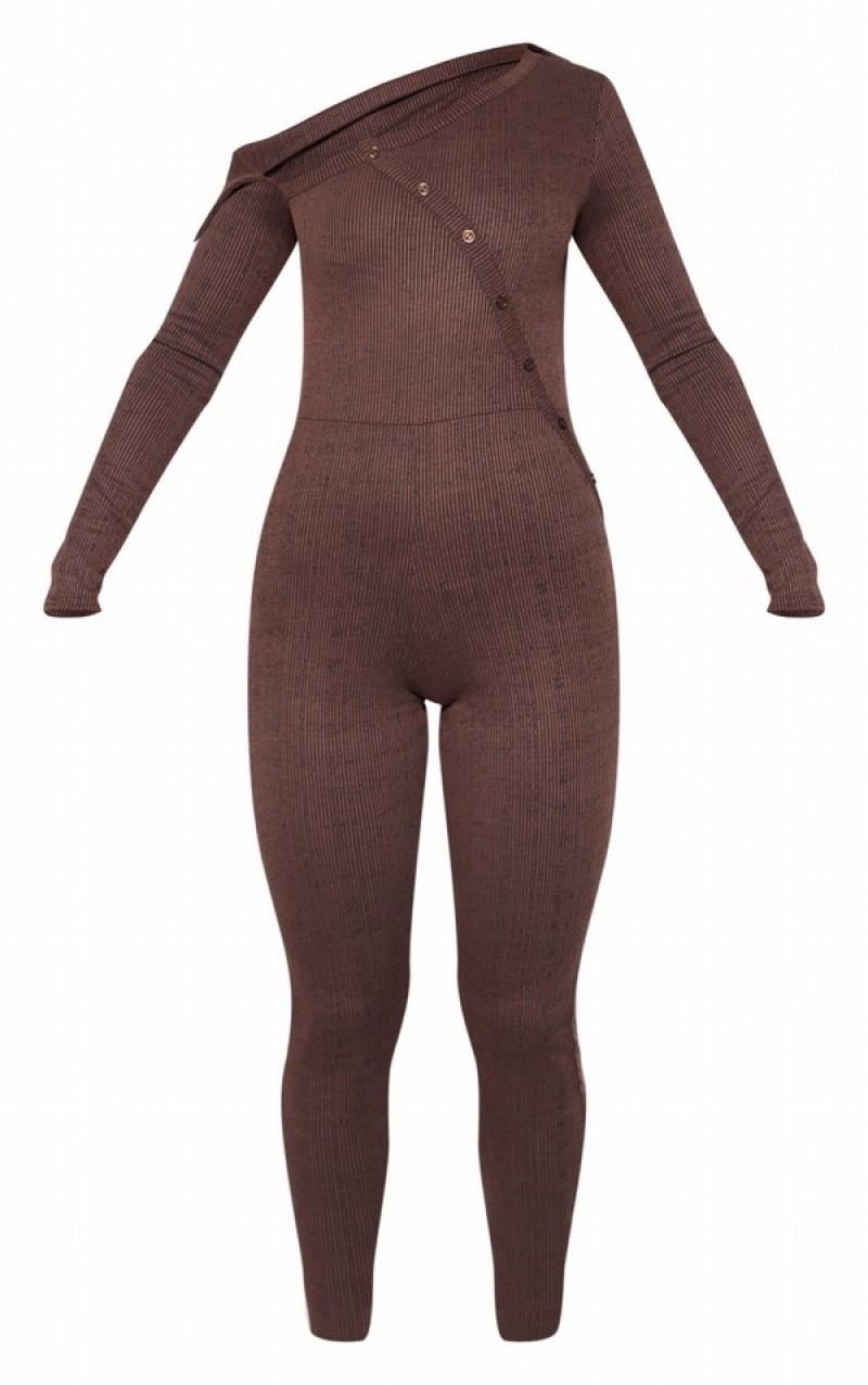 Chocolate Pretty Little Thing Rib Bardot Button Detail Jumpsuits | NEMPCHY-52