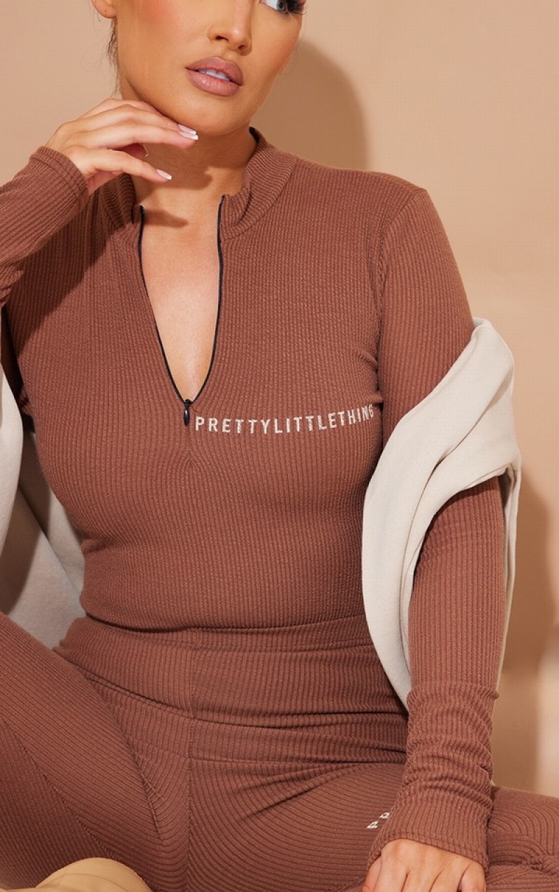 Chocolate Pretty Little Thing Rib Half Zip Bodysuits | FLTHNGY-50