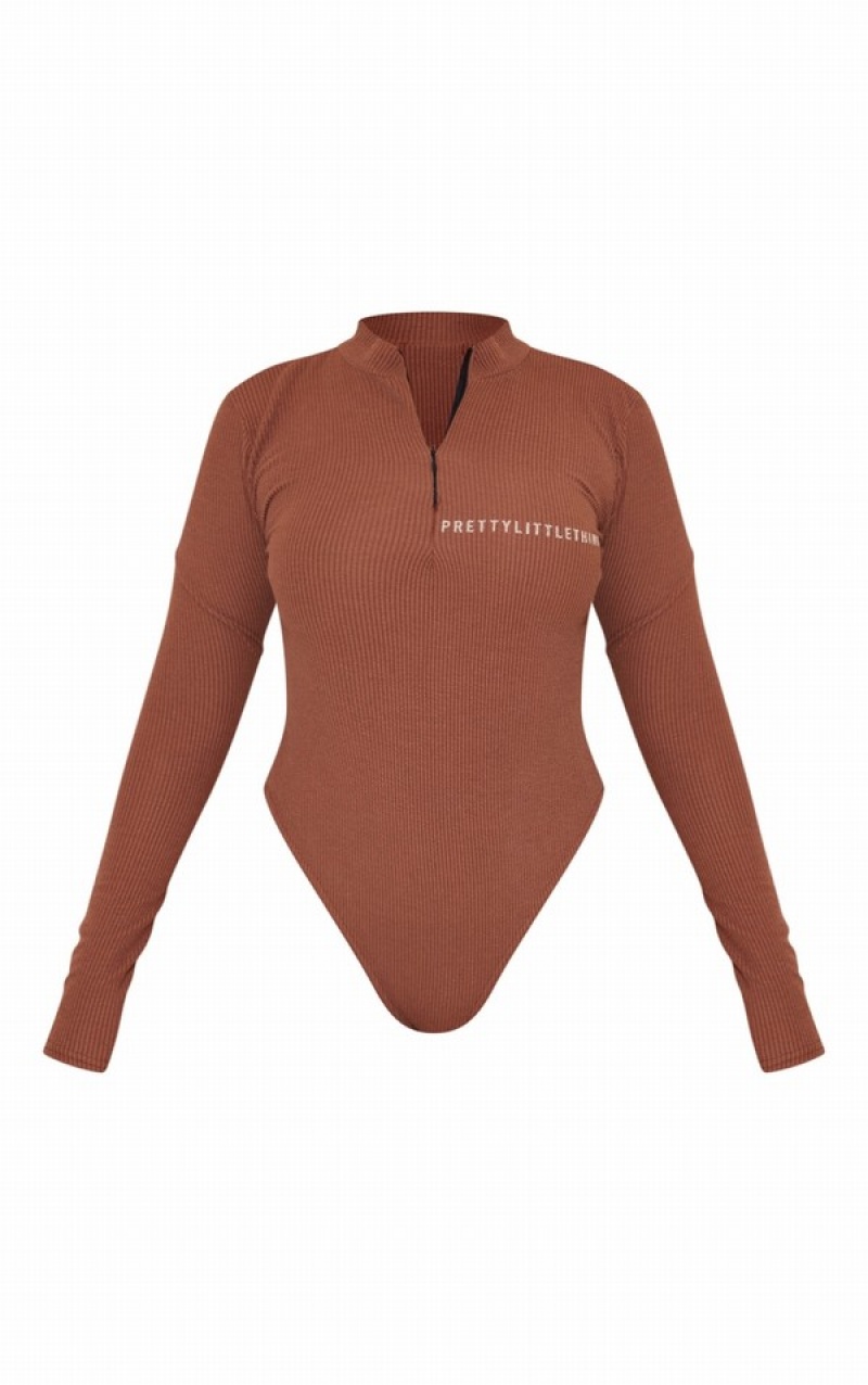 Chocolate Pretty Little Thing Rib Half Zip Bodysuits | FLTHNGY-50