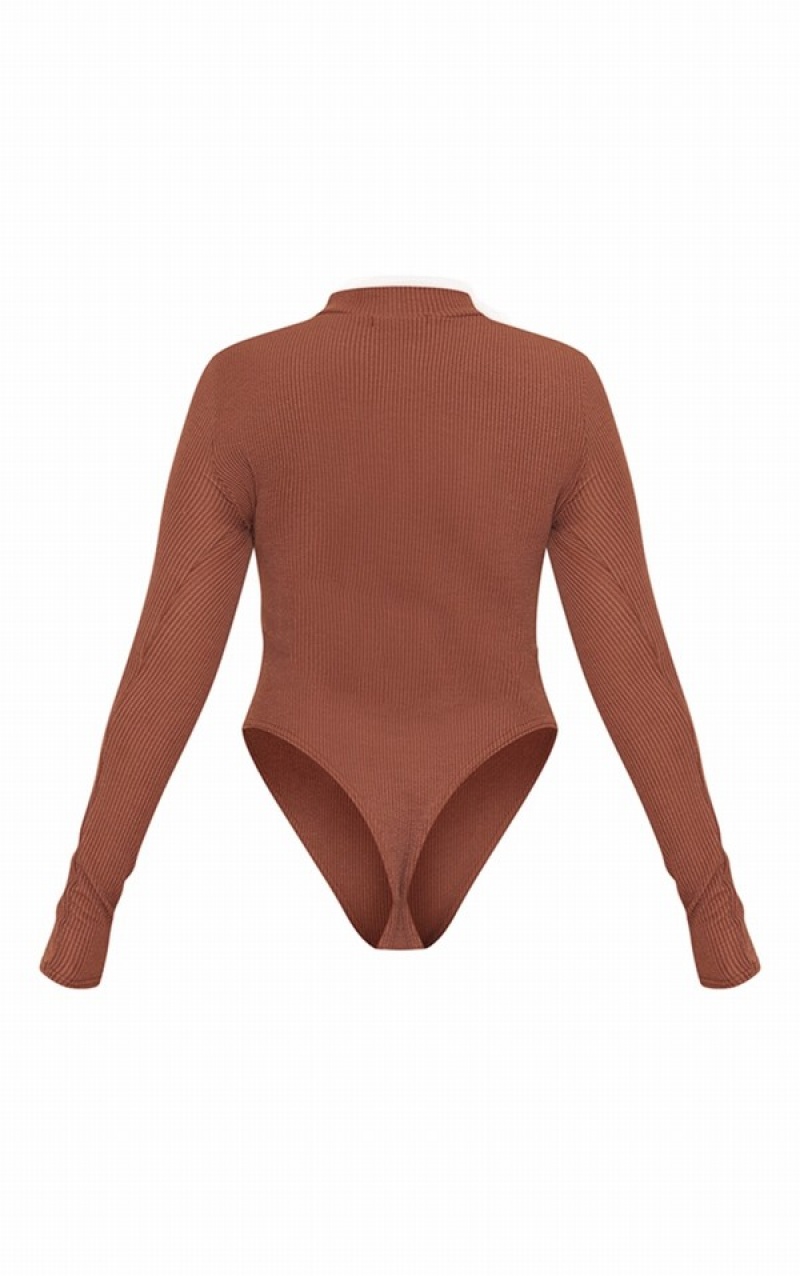 Chocolate Pretty Little Thing Rib Half Zip Bodysuits | FLTHNGY-50