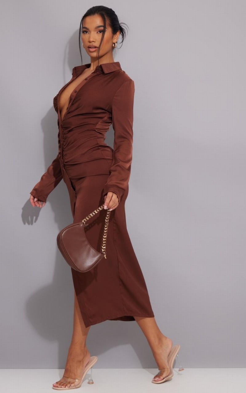 Chocolate Pretty Little Thing Ruched Satin Maxi Dresses | TRHXMZD-34