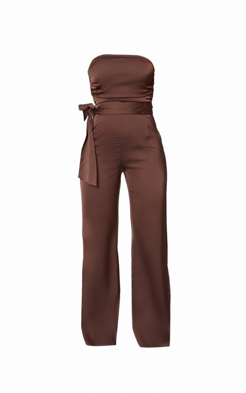 Chocolate Pretty Little Thing Satin Bandeau Pleat Detail Tie Side Jumpsuits | BIZFKAT-75