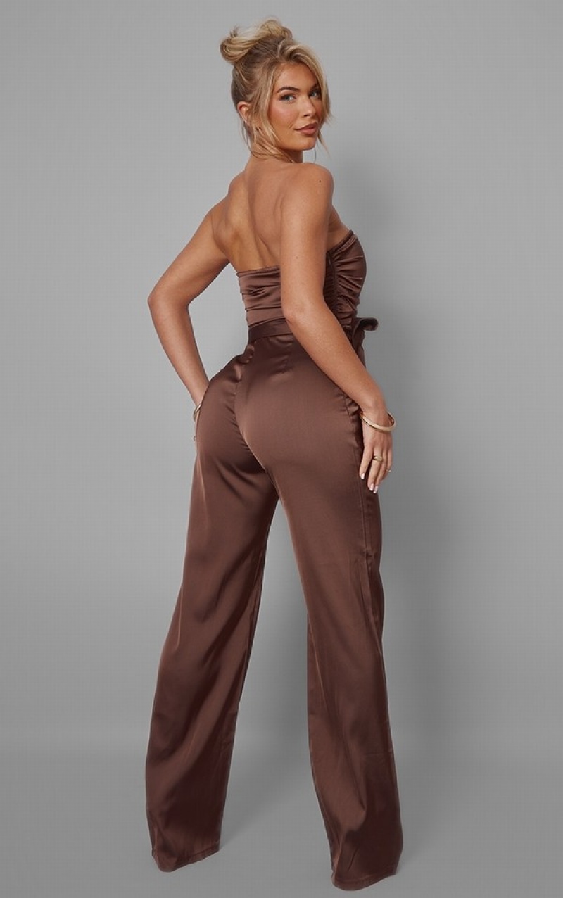 Chocolate Pretty Little Thing Satin Bandeau Pleat Detail Tie Side Jumpsuits | BIZFKAT-75