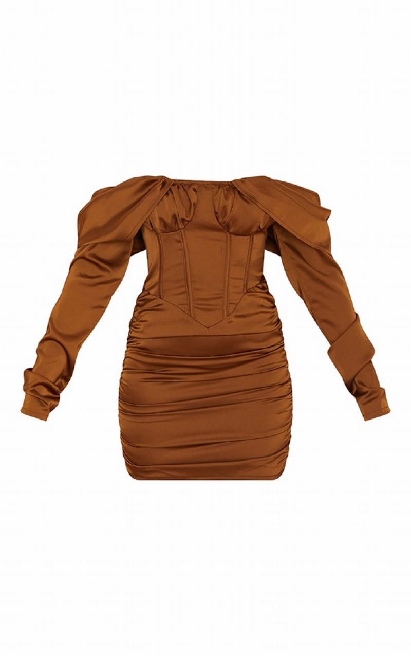 Chocolate Pretty Little Thing Satin Drape Bardot Sleeve Ruched Back Bodycon Dresses | VYZJBIE-56